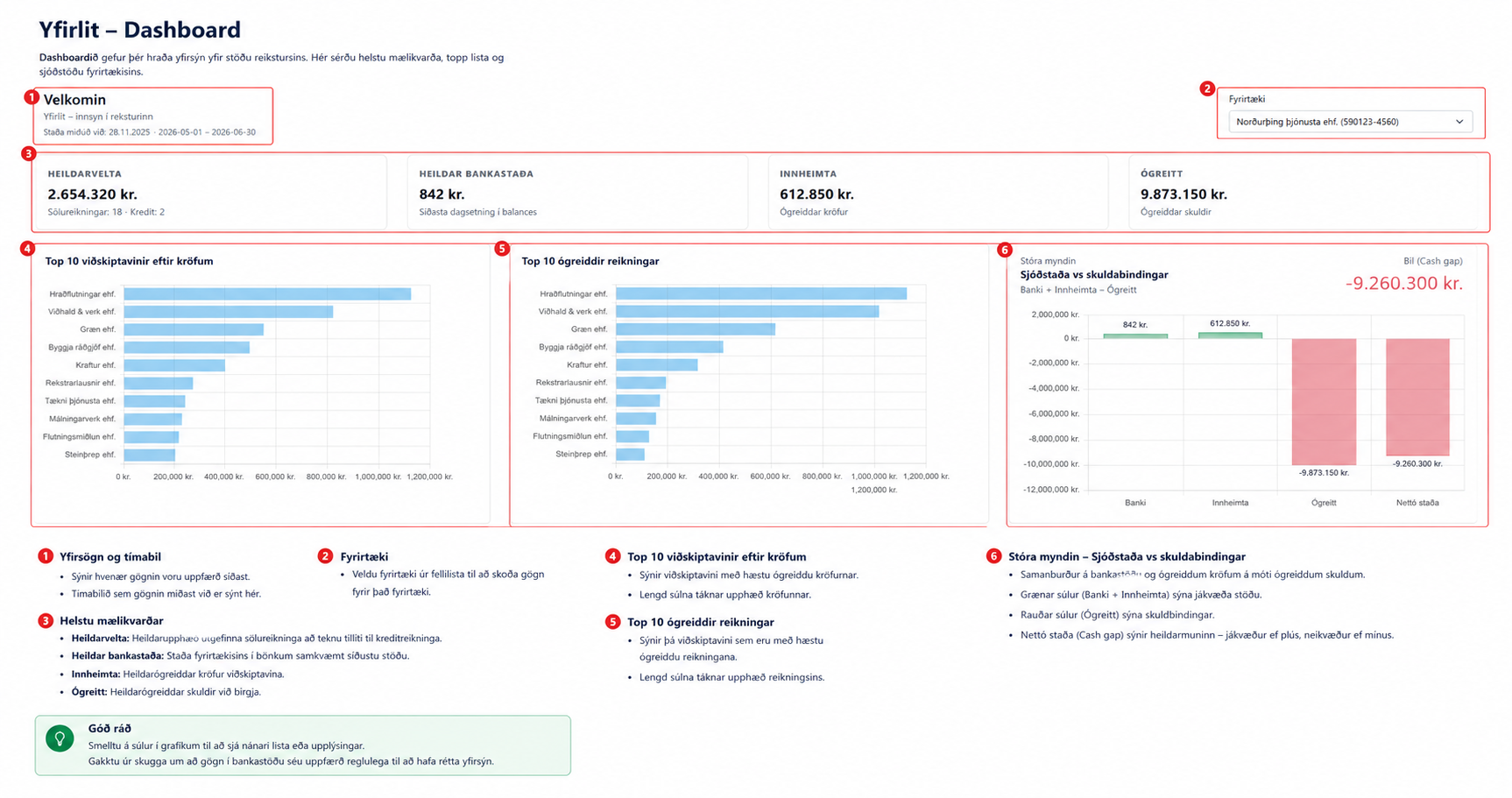 Dashboard leiðbeiningar í Acto